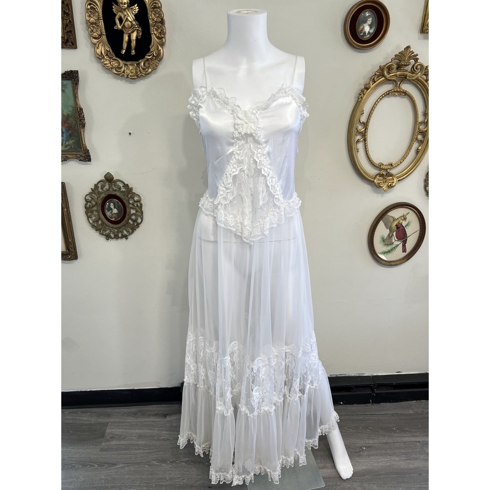 Vintage Escanté Inc White Lace Trim Sheer Overlay Slip Dress Size M